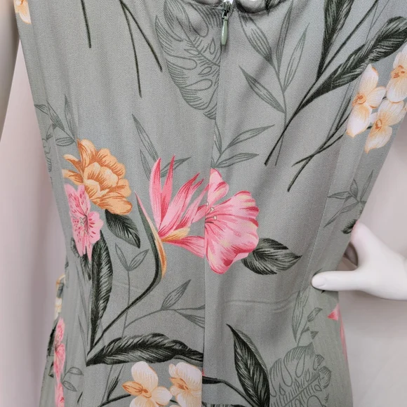 Green & Pink Botanical Floral Sleeveless Tank Midi Dress Wrap Front Style - Picture 9 of 9